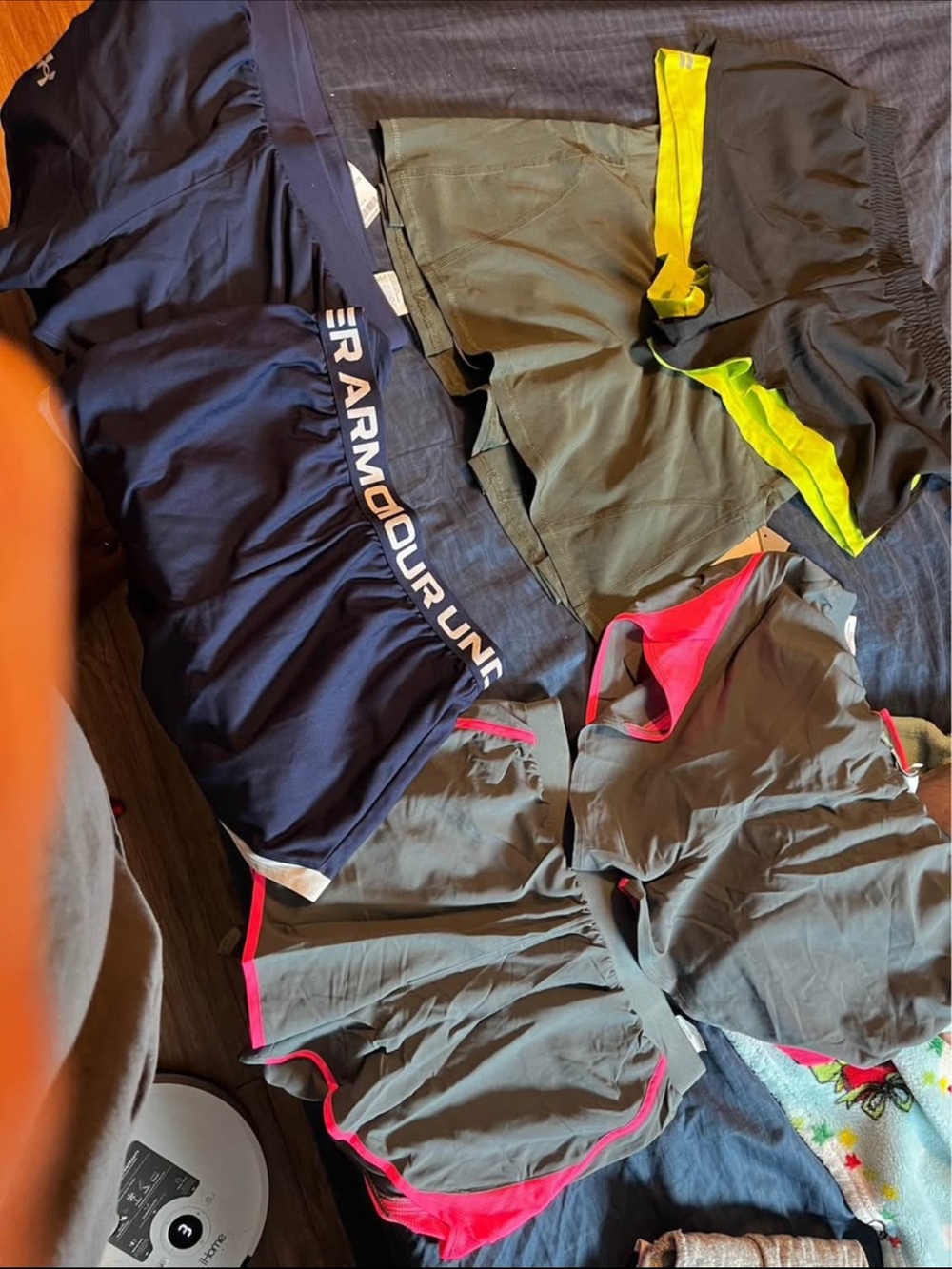 Under Armour Navy Athletic Shorts with Pink Trim and Olive/Black Sport Shorts